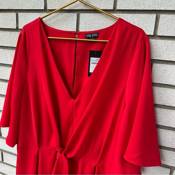 City Chic Knot Front Dress Lust Red 20 Tie Waist Batwing Sleeve V-Neck Cocktail - Picture 4 of 13